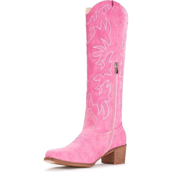 Shoes - Women Faux Leather Pink Side Zipper Chunky Heel Knee High Western Cowgirl Boots